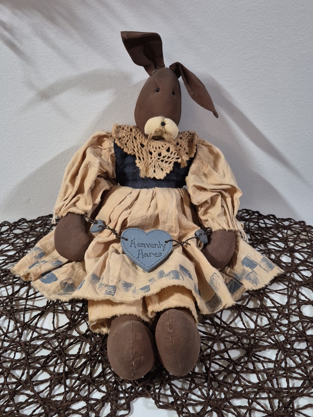 Handmade Primitive Folk Art Bunny Doll 'Heavenly Hares'